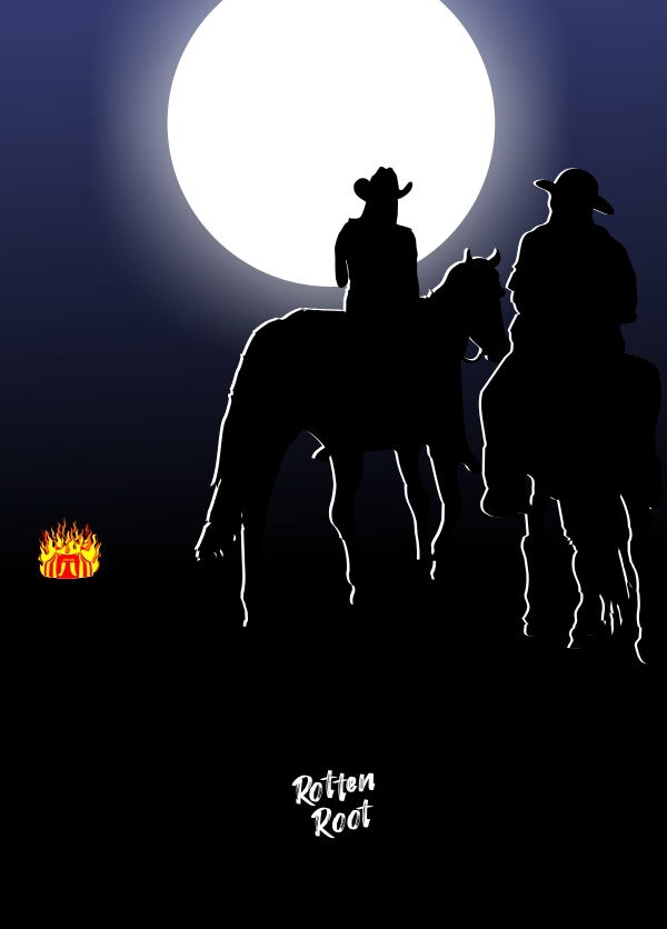 Ilustração com um fundo degradê indo de azul, no topo até preto, na base. Na parte superior está um círculo branco, representando a lua. Abaixo, ao centro, estão as silhuetas de duas pessoas montadas em cavalos. As pessoas usam chapús de cowboy e estão voltadas para o canto inferior esquerdo, onde, ao longe, um circo está em chamas.